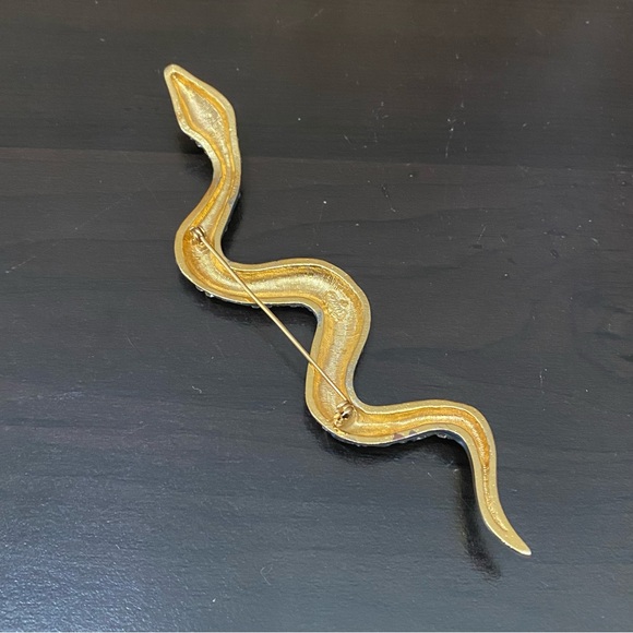 Vintage Signed Gold-tone Luxurious 5.5” Snake Enamel Rhinestone Crystal Brooch - Picture 12 of 13